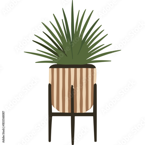 Tall Green Succulent Plant in a Striped Terracotta Pot on a Dark Modern Stand Detailed Realistic Illustration Isolated on Black