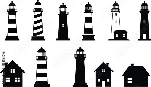 Collection of Black Silhouette Lighthouses and Houses on White Background building coastal