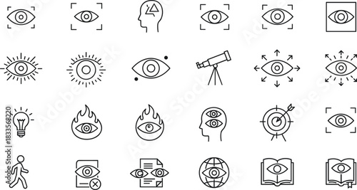 Collection of line art icons representing vision and observation sight look