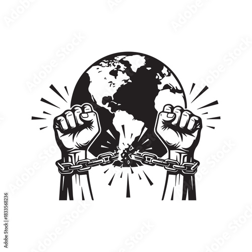 Hands breaking chains in front of planet earth globe. Vector silhouette illustration of raised fists snapping handcuffs. Concept of global freedom, liberation, revolution, and human rights.
