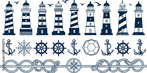 Collection of Nautical Icons Lighthouses Anchors Ship Wheels Ropes Compass maritime ocean