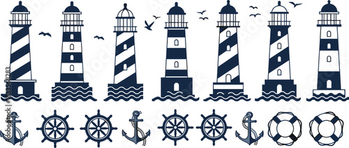 Collection of navy blue and white striped lighthouses anchors ship wheels and life preservers nautical