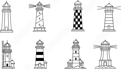 Eight Outline Illustrations of Lighthouses with Varying Designs and Patterns beacon tower