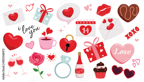 Valentine's day drawing elements clipart set. Set of Valentine's day hand drawn love element clip art like love letter, heart, rose, wine, kiss mark, ring, gift, lock and key icon collection vector 