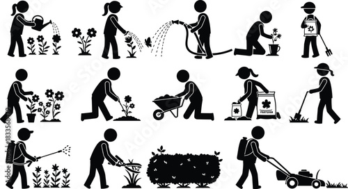 Stick figures gardening watering planting fertilizing mowing and pruning plants gardening icons stickman