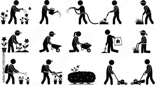 Stick figures gardening watering planting mowing and pruning plants icon pictogram