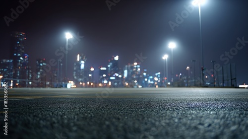Empty parking lot at night with city skyline in the background. The background is blurry due to bright stadium lights. High quality