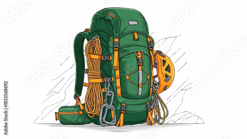 Green hiking backpack with climbing gear ready for outdoor adventures.