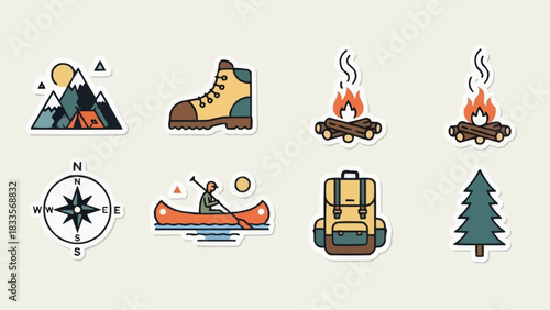Camping and Outdoor Adventure Icons - Mountains, Boots, Campfires, Compass, Canoe, Backpack, and Pine Tree.