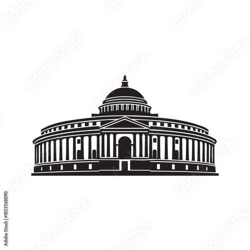 Parliament building vector illustration. Sansad Bhavan silhouette icon. Historical landmark of democracy and government in New Delhi isolated on white background.