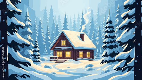 A charming wooden cabin with glowing windows nestled in a serene, snow-covered winter forest, surrounded by tall evergreen trees under a soft blue sky.
