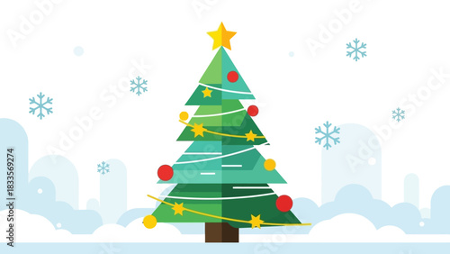 A festive flat design illustration of a decorated Christmas tree with a star, ornaments, and string lights, set against a snowy winter background with falling snowflakes and snowdrifts.