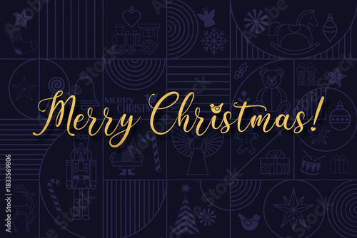 Golden Christmas greetings against dark holiday patchwork collage with festive symbols and icons
