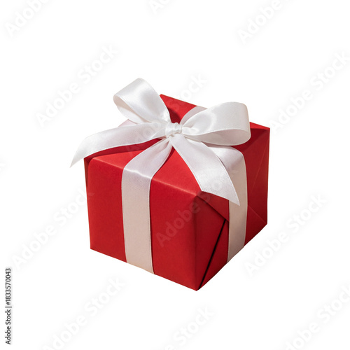 Red gift box with white ribbon on transparent background