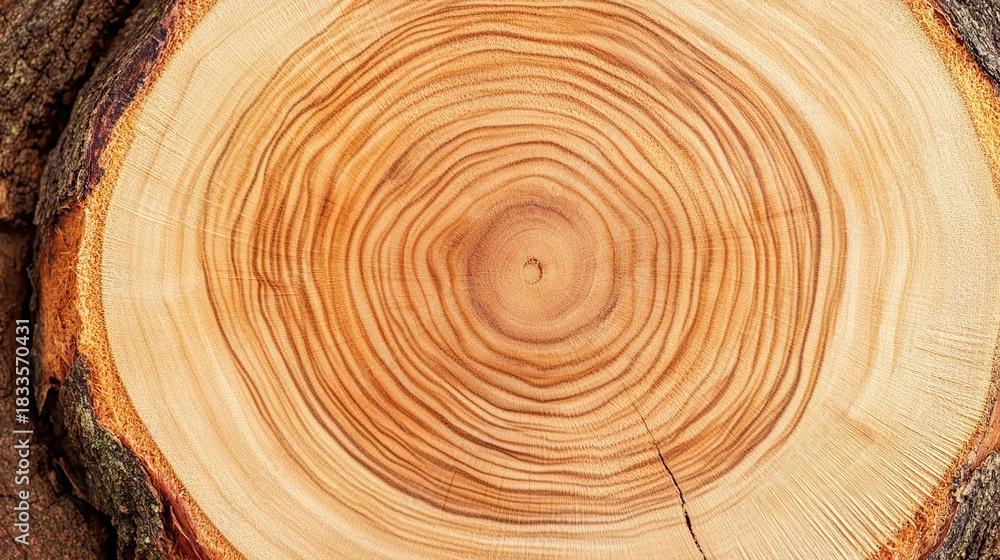 Fototapeta premium crosssection. A detailed cross-section of a tree stump, highlighting natural wood grain and age rings in even lighting. gardening catalogs.