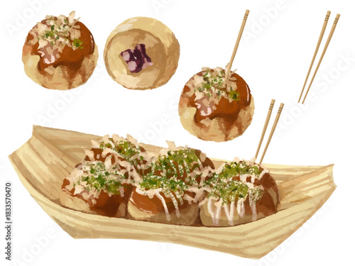 たこ焼きのベクターイラストセット 経木船皿 屋台 お祭り 夏祭り 夜店 爪楊枝