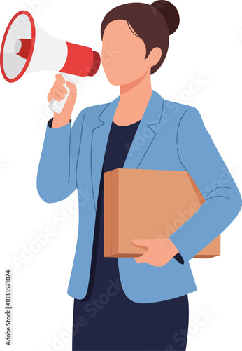 Faceless businesswoman in a blue blazer holding a red megaphone and a brown folder.