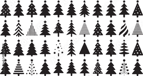 Many different Christmas tree silhouettes are displayed in a grid pattern over a white background