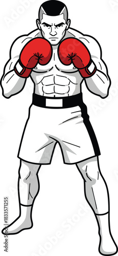 Muscular cartoon boxer with red gloves and a mohawk in a defensive fighting stance.