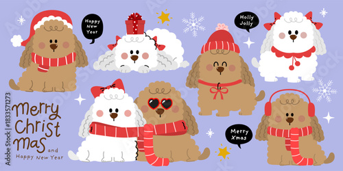 Merry Christmas and happy new year with cute poodle  dog in winter costumes. Animal holidays cartoon characters. -Vector