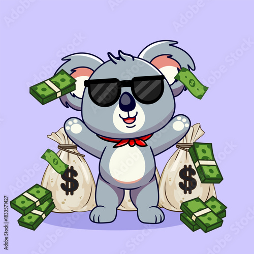 Wealthy Koala Raining Money with Sunglasses Vector Illustration Cartoon Design 