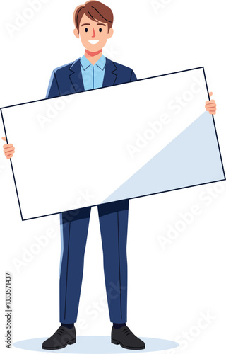 Smiling Businessman in a Blue Suit Holding a Large Blank White Sign.