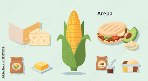 Arepa ingredients and finished dish flat style