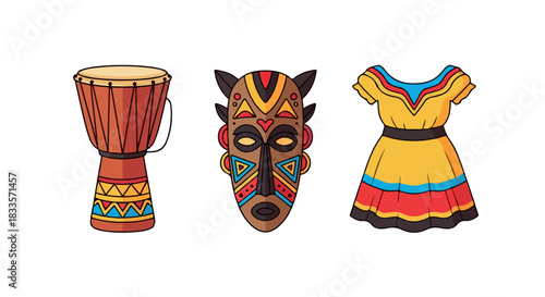 African culture elements: drum, mask, and dress with transparent background