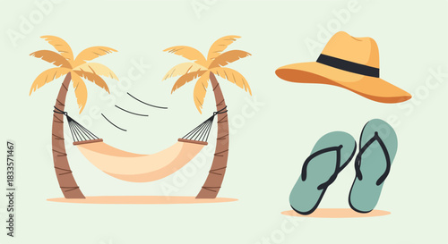 Palm trees, hammock, hat, and flip-flops for summer