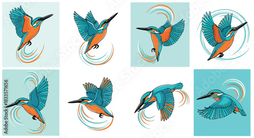 Kingfisher bird in flight with dynamic swirls