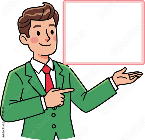 Smiling cartoon businessman in a green suit and red tie pointing and presenting.