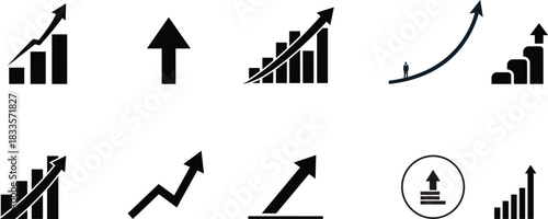 Collection of upward trending arrow and bar graph icons for business growth
