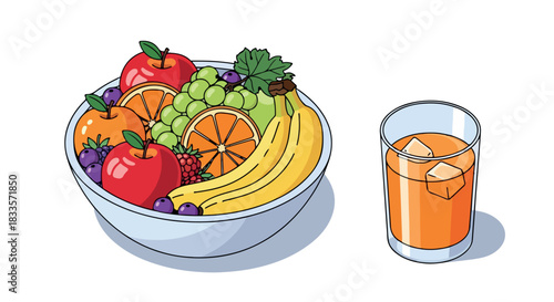 Fruit bowl with juice glass for healthy eating