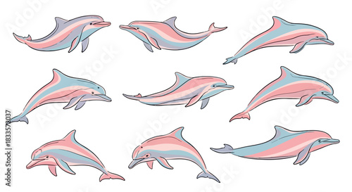 Pink and blue dolphins swimming in various poses