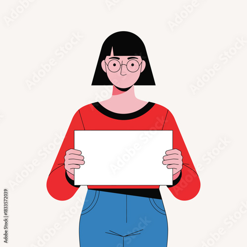Stylized illustration of a woman with a black bob and glasses holding a blank white rectangular sign.