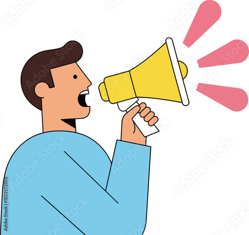 Stylized illustration of a man in a blue shirt shouting into a yellow megaphone.