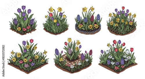 Spring flowerbeds with tulips, daffodils, and hyacinths