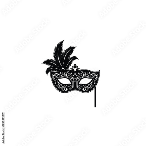 Elegant black masquerade mask with feathers and intricate designs