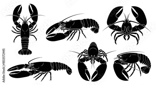 Collection of Black Lobster Silhouettes in Various Poses.