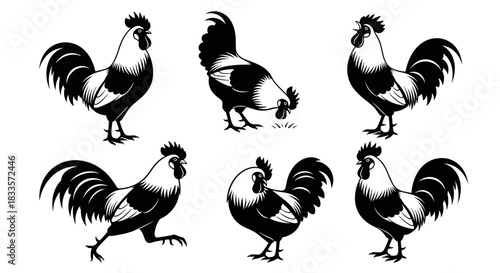 Collection of Six Roosters in Black and White Illustration Style.