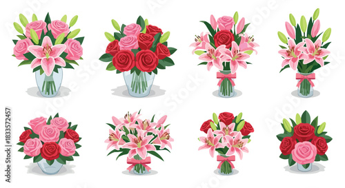 Rose and lily flower bouquets in glass vases