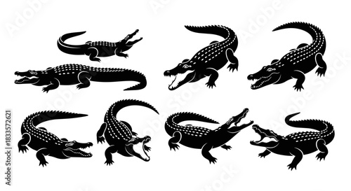 Collection of Black Alligator Silhouettes in Various Poses.