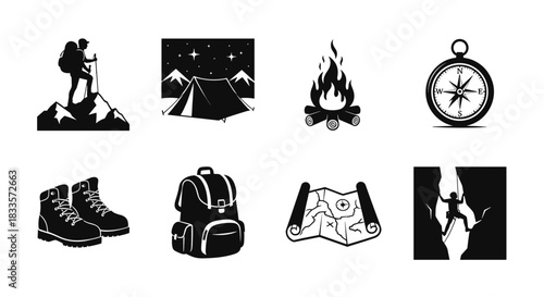 Collection of Hiking and Camping Icons for Outdoor Adventures.