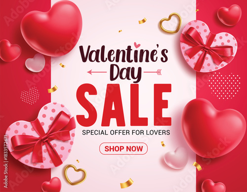 Valentine's day sale clipart template banner. Valentine's day promotion special offer clip art with heart shape balloons and gifts for hearts day shopping advertisement vector illustration.
