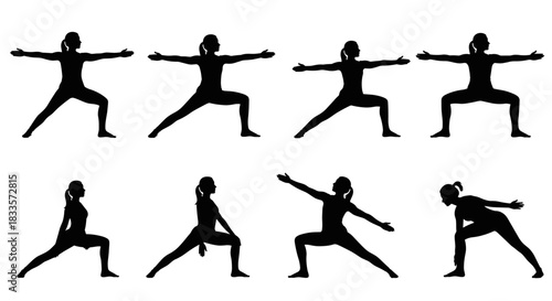 Silhouettes of women performing various yoga poses demonstrating flexibility and strength.