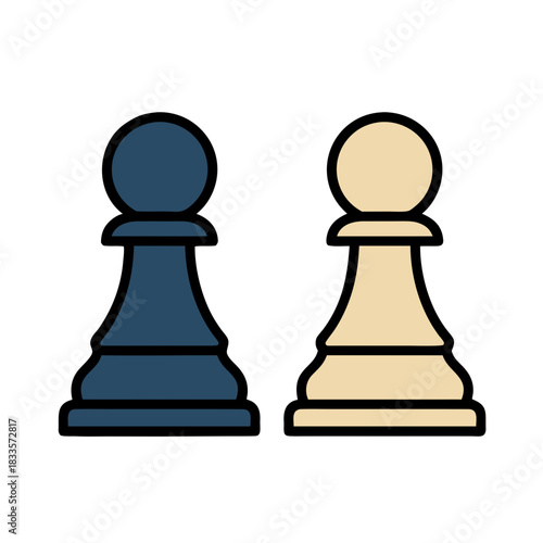 Two Chess Pawns One Dark Blue and One Cream Colored Facing Forward on a Black Background Symbolic Representation of Strategy and Competition