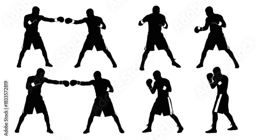 Silhouettes of boxers in various fighting stances and actions.