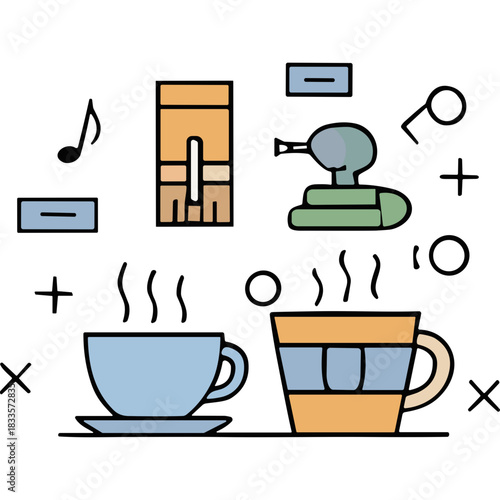 Two Coffee Cups with Steam Rising Beside Stylized Tank and Building Illustration with Musical Notes and Geometric Shapes on Black Background Representing Warm Beverages and Military Theme