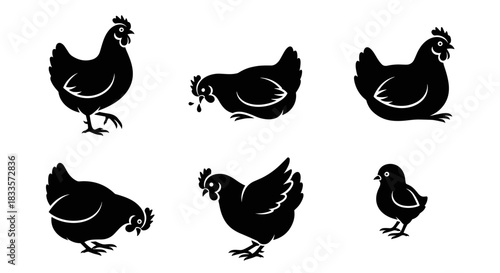 Collection of Black Silhouette Chickens and Chicks in Various Poses.