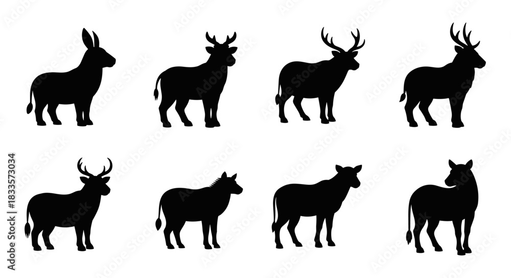 Fototapeta premium Collection of Diverse Farm and Wild Animal Silhouettes.